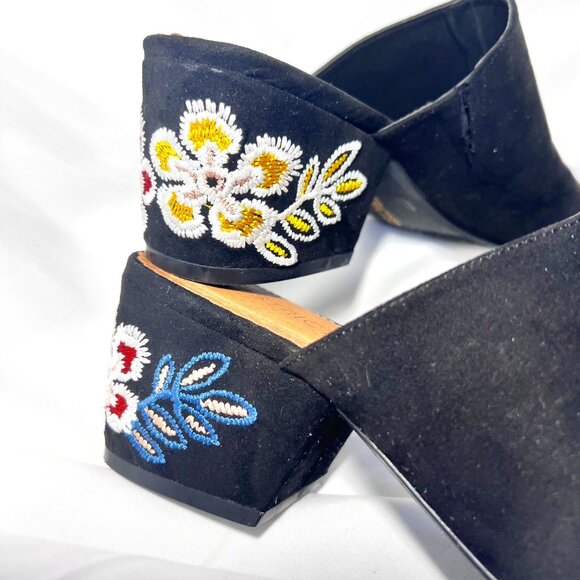 Restricted Women's Slip On Block 2 1/2" Heels-Black Floral Embroidered-Open Toe - Picture 6 of 16